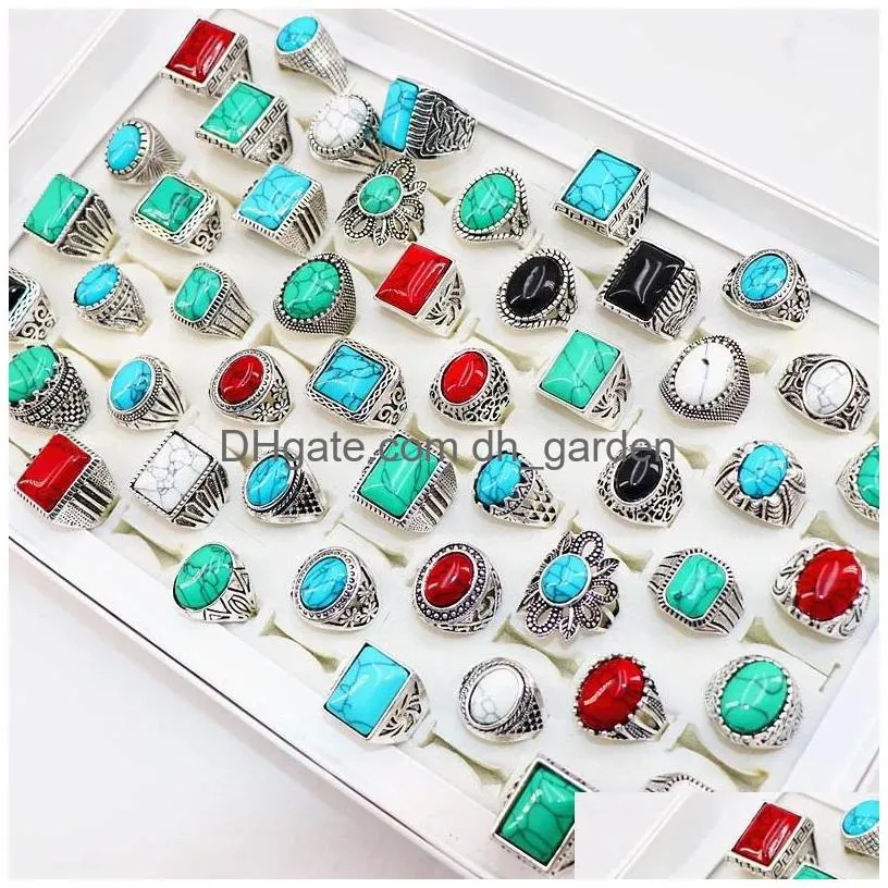 Cluster Rings Fashion Turquoise Stone Antique Sier For Mens Womens Jewelry Mix Style Size 17Mm To 21Mm Drop Delivery 202 Dhrnc