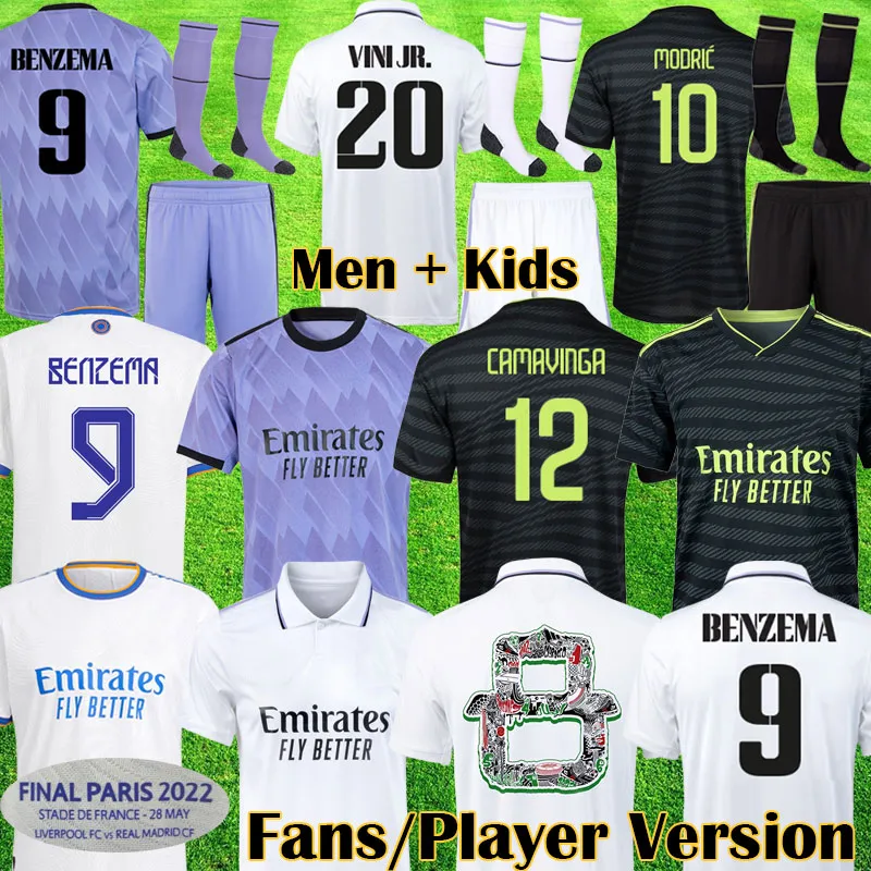 22 23 Player Version Toccer Jerseys 3rd Benzema Real Madrids 2021 Finals Champions 14 Kit Rodrgo Camiseta 2022 2023 Vini Jr Camavinga Tchouameni Football Shirt Kids