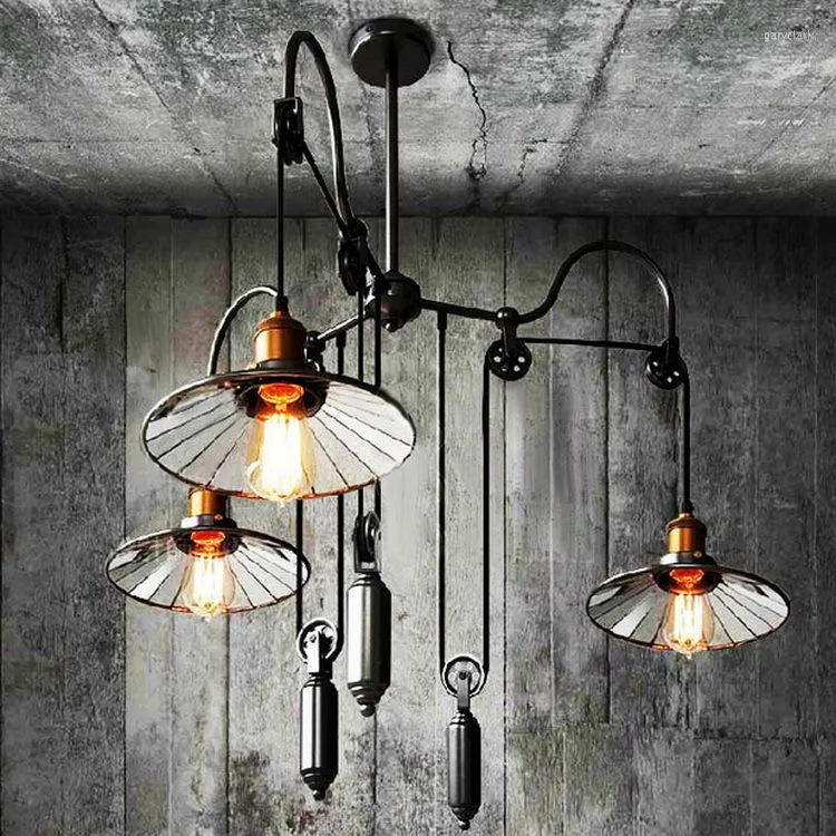 Lampes suspendues Loft Vintage Industriel E27 LED Edison Ampoules Ascenseur Peinture Noire Fer Poulie Lumières Réglable Pour Salle À Manger Bar Décor