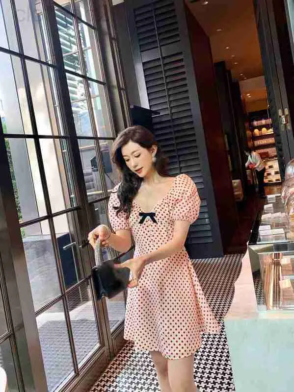 Casual Dresses Designer High-end Spring and Summer 22 polka dots printed bow decorative bubble short sleeve dress 88IZ