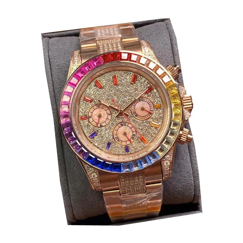 2021 JHF 40mm orologio da polso in oro rosa con diamanti 4130 cronografo automatico 116595 orologio con cinturino in oro rosa con quadrante in diamanti pavé arcobaleno