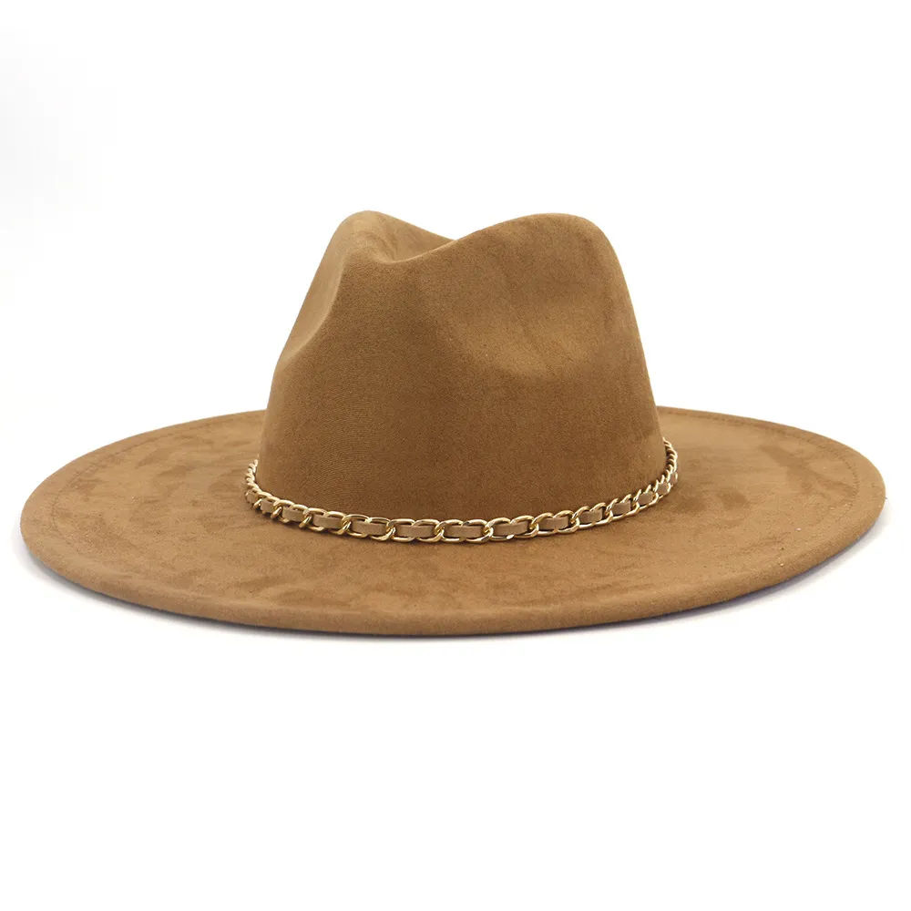 Wide Brim Fedora Hat: Green Suede Fedora With Chain, Elegant  display picture 3