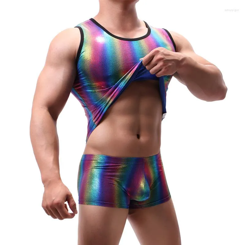 Men's Tank Tops Men Sexy Tanks Shine Rainbow Striped Sleeveless Pullover Undershirts Party Clubwear Causal Performance Costumes