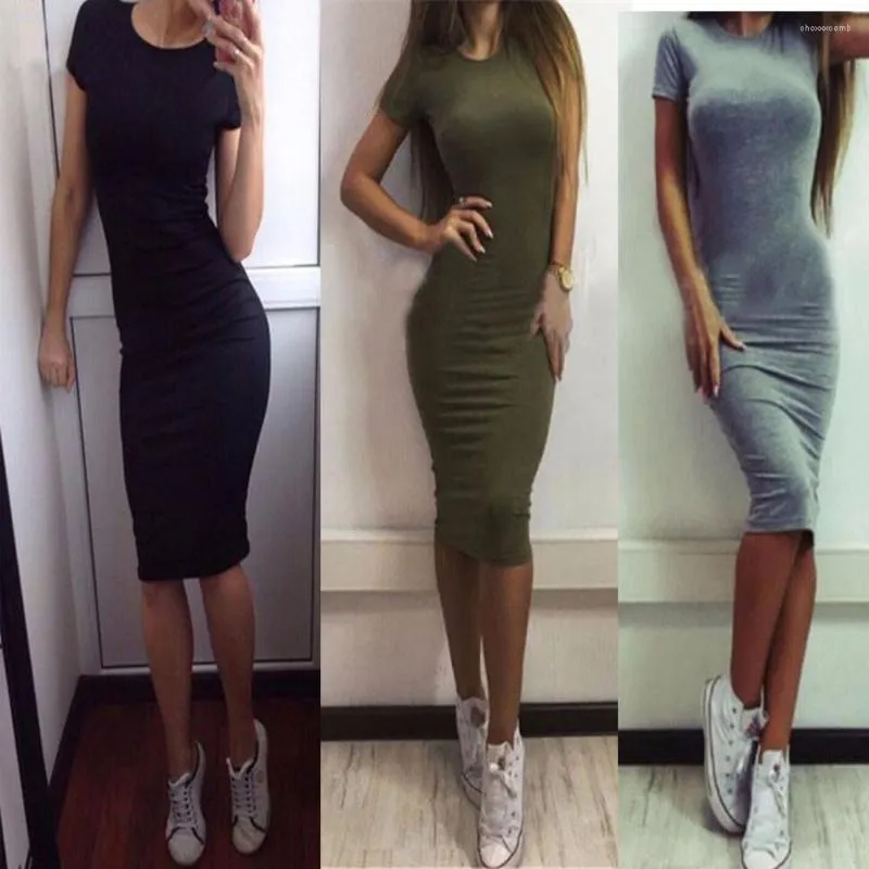 Casual Dresses 2023 Summer Elegent Women O-neck Solid Color Knee-length Dress