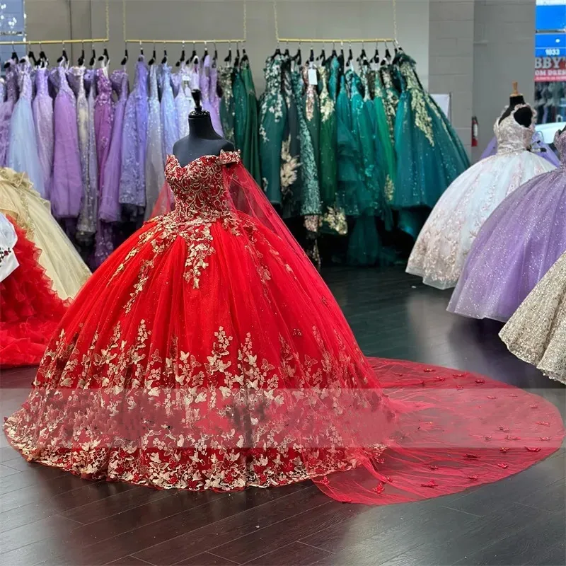 Quinceanera Gown Red Ball Dresses 2023 with Cape Sweet 16 Dress Butterfly Appliques Crystals Lace-up Vestidos De Xv Anos