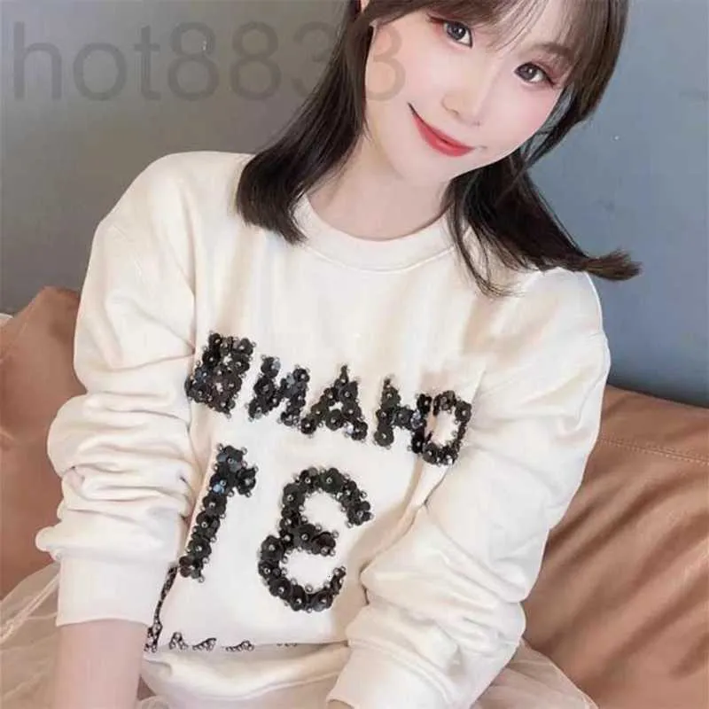 Sweats à capuche pour femmes Sweatshirts Designer New Handmade Beaded 31 Beige Short Fashion Cotton Loose Round Neck Sweater Women 5G4F