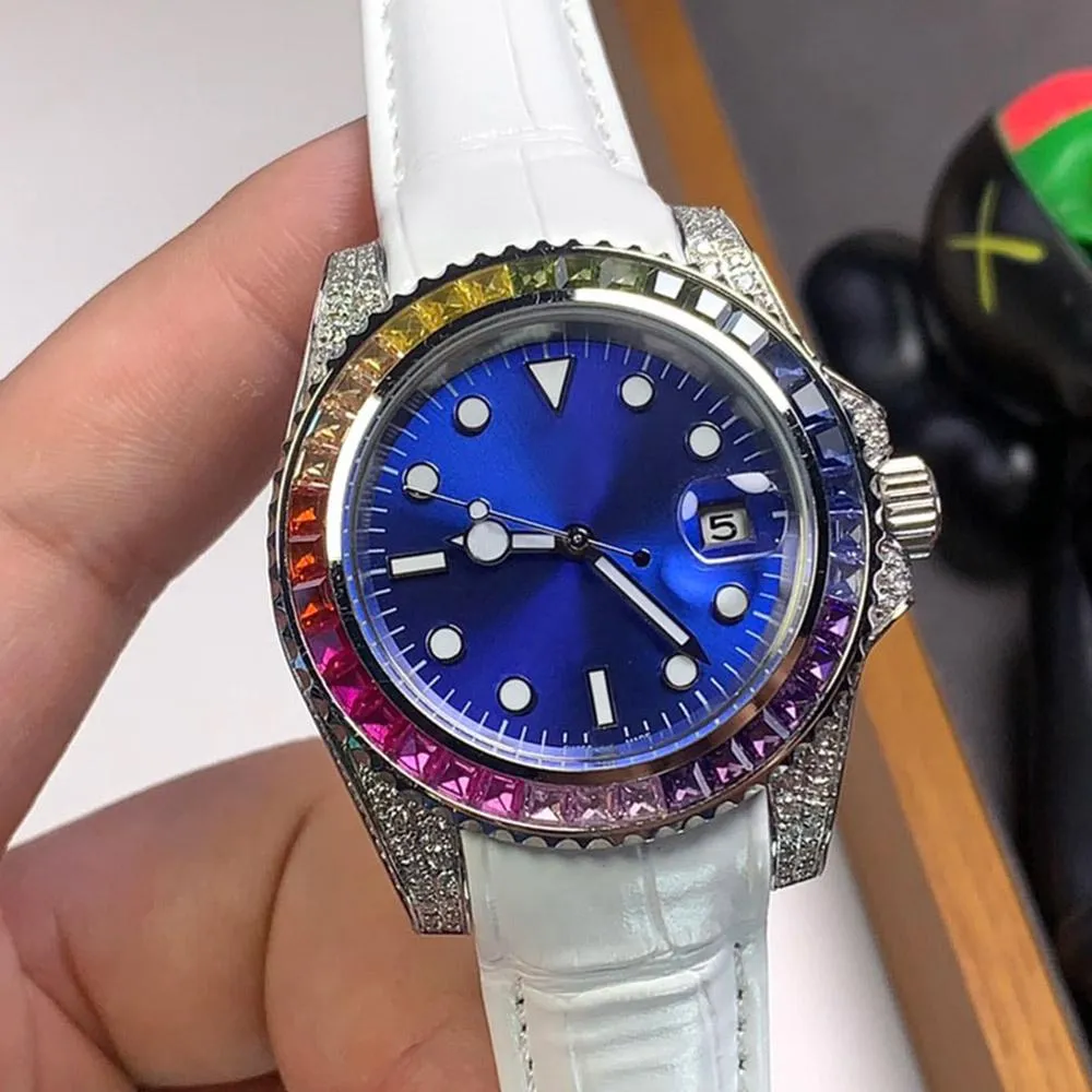 Şeker Renk Elmas İzleme Otomatik Mekanizması 40mm Gökkuşağı Saat Yüzüğü Klasik İş Saati Montre De Luxe Su Geçirmez