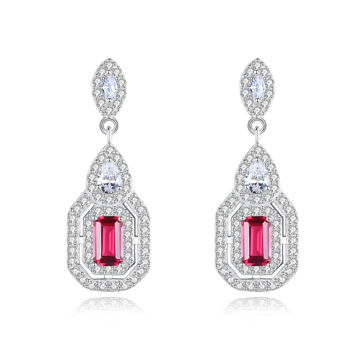 Red Edelstein Dangle Ohrringe Marke Schmuck Europäische Vintage Frauen Voll Diamant S925 Silber Geometrie Ohrringe für Frauen Hochzeitsfeier Valentinstag Geschenk SPC