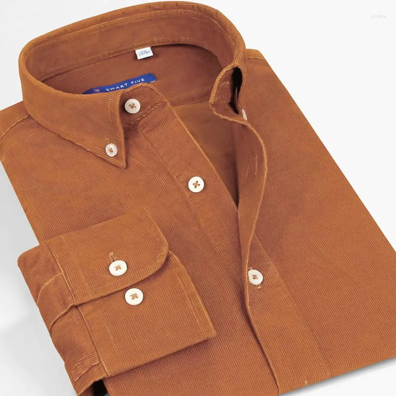 Chemises décontractées pour hommes chemise en velours côtelé intelligente pour hommes à manches longues Vintage Orange rouge affaires corée Style Fit vêtements hommes 2023