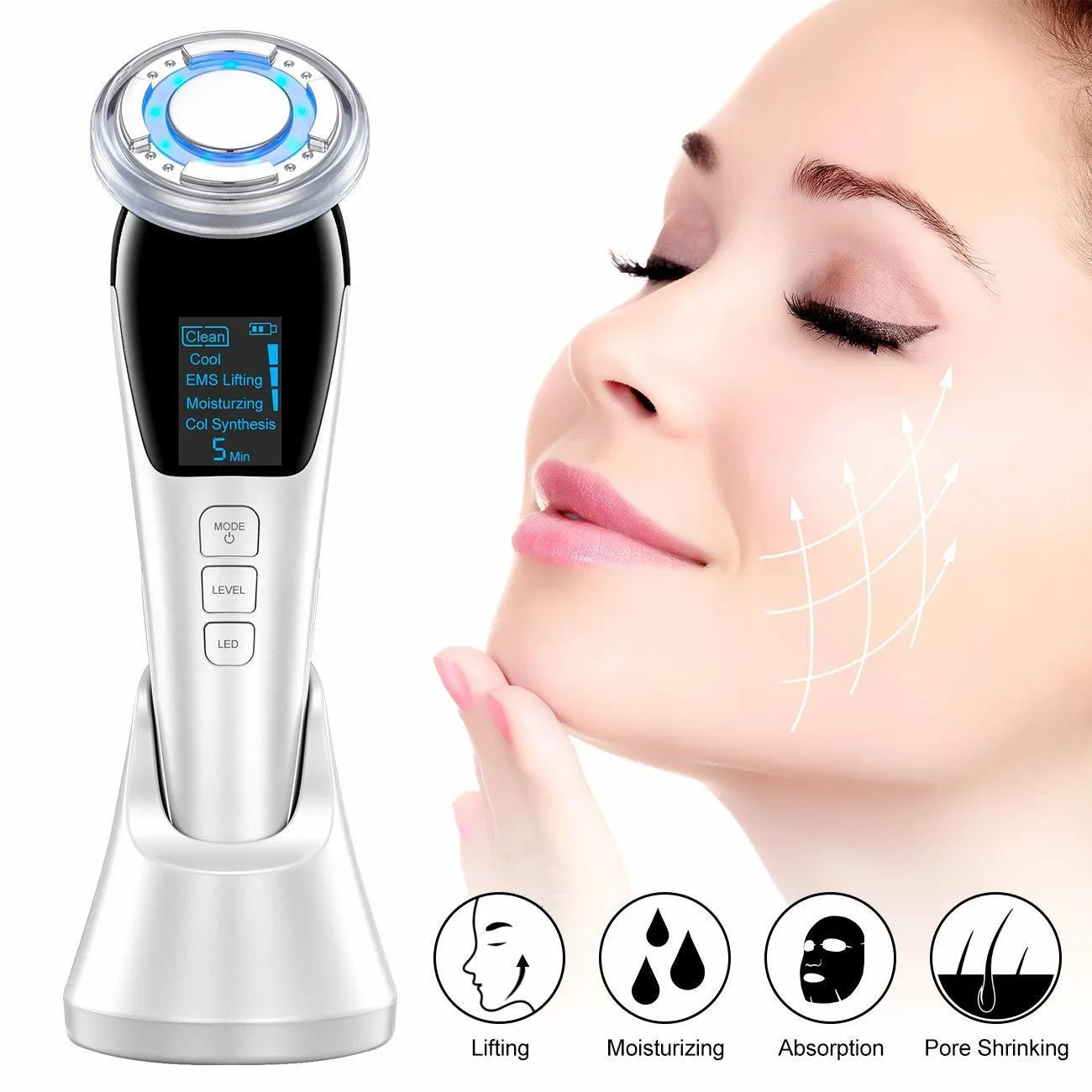 Face Massager EMS Sonic Vibration Facial Massager with LED Light Therapy  Skin Care Tool 17.5x5.5x6.7cm Rechargeable Battery 110v-240v
