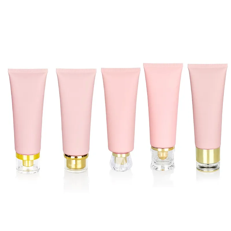 100g rose tuyau de compression givré cosmétique bouteille en plastique rechargeable voyage nettoyant pour le visage crème pour les mains extrusion tubes avec capuchon en or / capuchon blanc