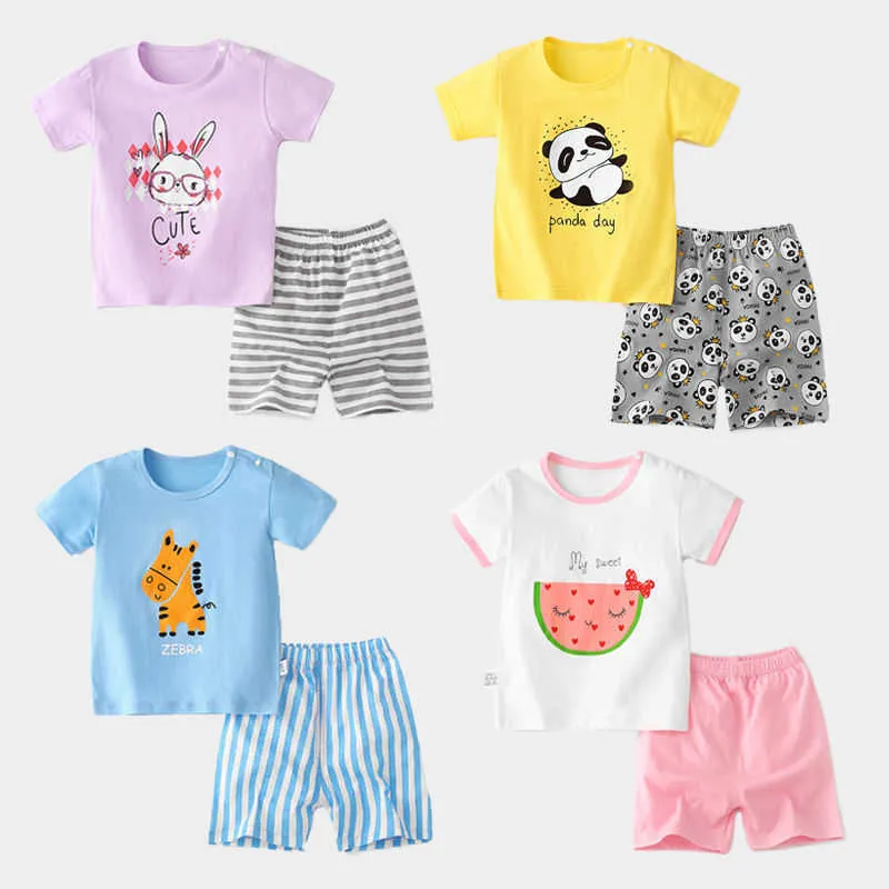 Söt Panda Cat Cartoon Short Sleeve T Shirt Pants Set For Kids Two Pieces Set Cotton Suft Randiga O Neck Clothing Pyjamas
