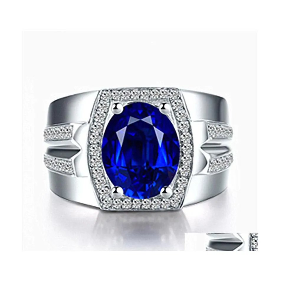 Anelli a cluster blu Sapphire regolabile sier maschile ad alta tendenza con anello diamantato drop drop dhblw