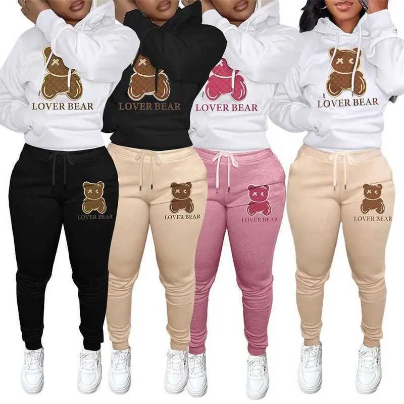 Femmes Survêtements Deux Pièces Ensemble Designer 2023 Nouveau Automne Hiver Peluche Épaissie Sweats À Capuche Motif Ours Pull Pantalon Casual Sports