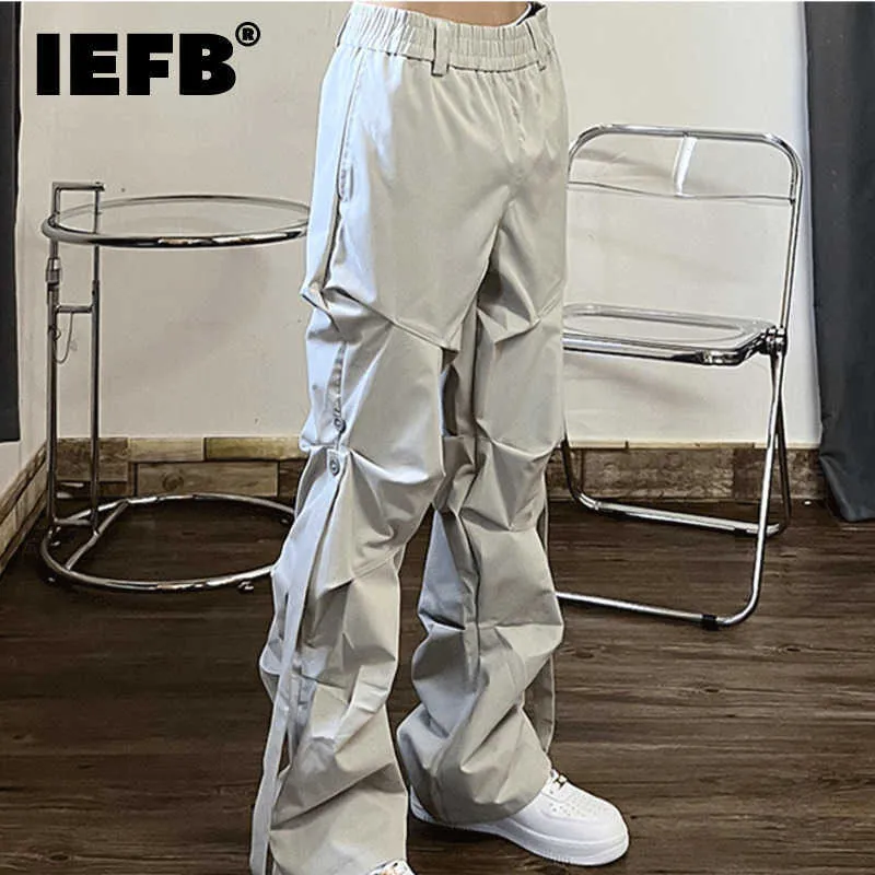 Men's Pants IEFB High Street Pleated Overalls Fashion Loose Straight Button Casual Male Trousers Solid Color Darkwear 9A6007 Y2302