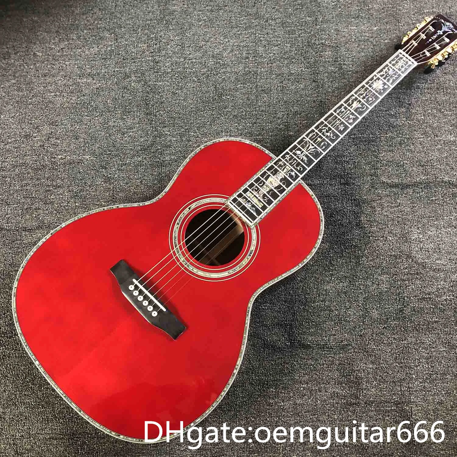 Guitare personnalisée en usine, table en épicéa massif, touche en ébène, éclisses et dos en palissandre, guitare acoustique rouge de la série ooo de haute qualité de 39 pouces