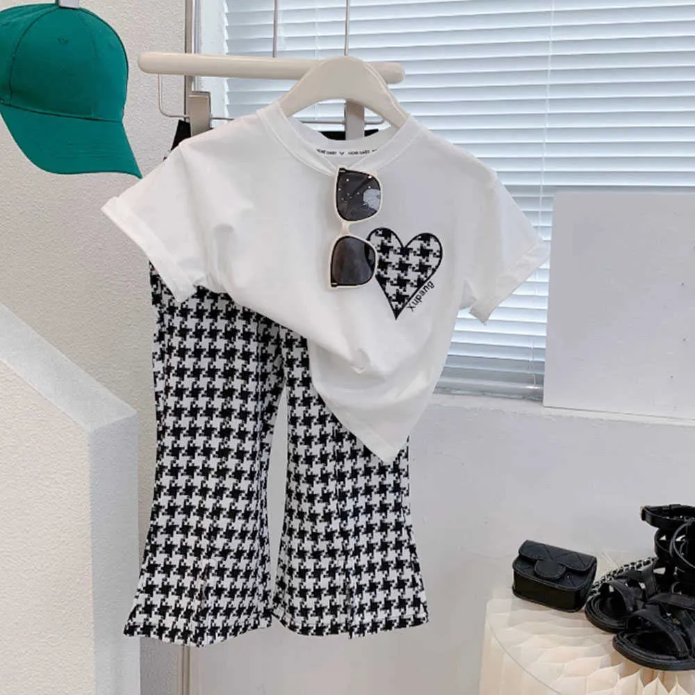 Houndstooth Kids Cloths Summer Clothing مجموعات Tshirt Girls Bell قيعان منقوشة السراويل فتاة الزي الرياضي بدلة PCS