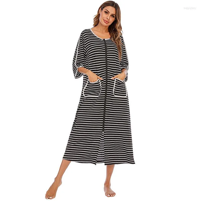 Frauen Nachtwäsche Roben Frauen Reißverschluss 3/4 Ärmel Housecoat voller Länge Ladies Stripe Loungewear mit Taschen S-XXL