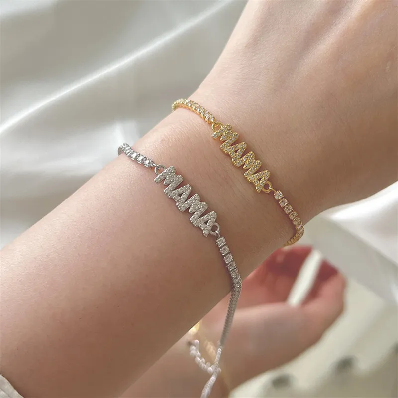 Charm Diamond Tennis Armband Designer för Woman Mama Letter 925 Sterling Silver White 5A Zirconia Gold Armband Chain Womens Luxury Jewelry Mothers Day Present Box