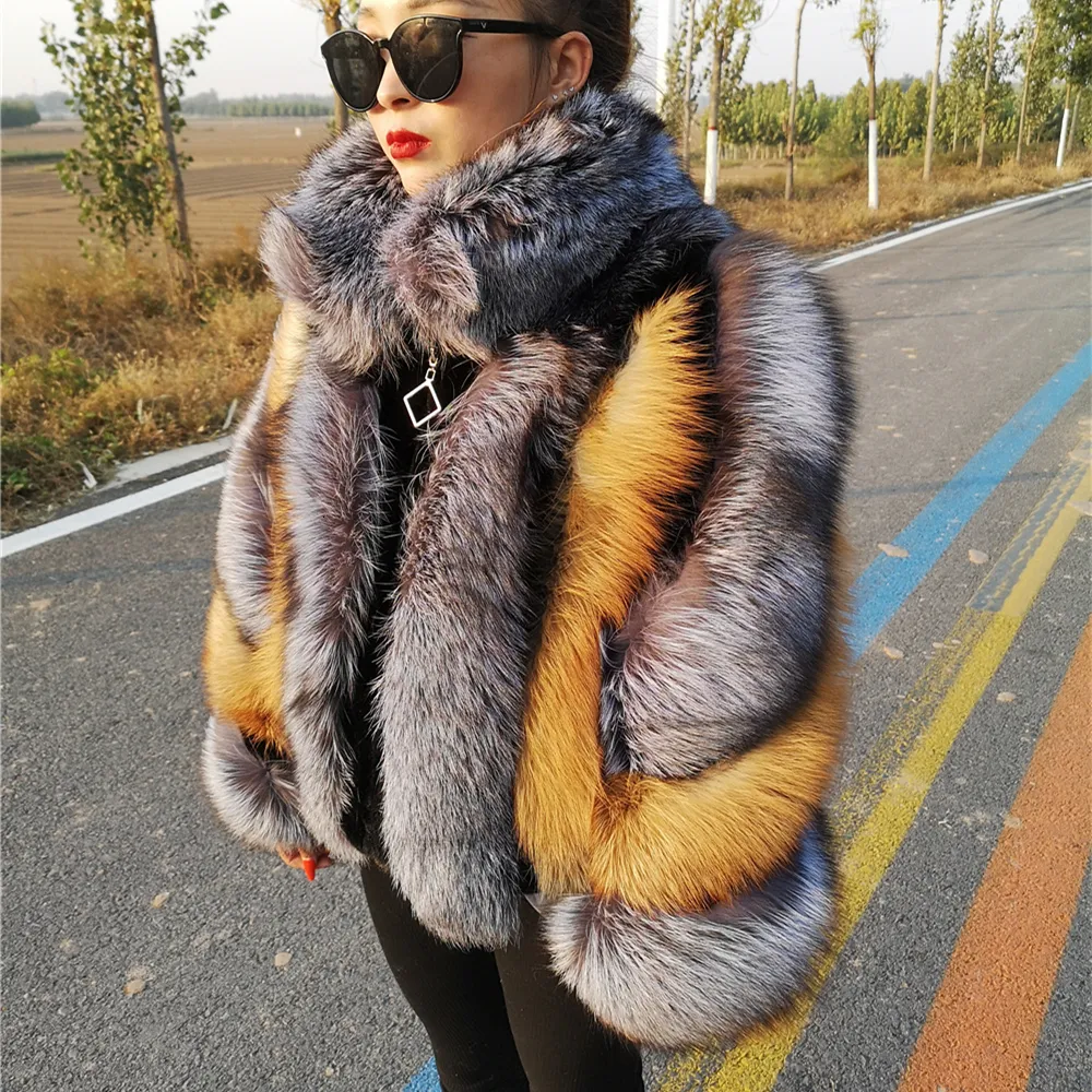 Veste En Fourrure Renard Véritable Multicolore Pour Femme – Style élégant Et Luxueux – Fait Main