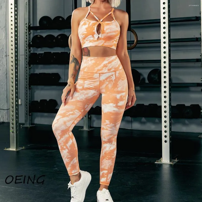 Conjuntos ativos fitness yoga tie corante de 2 peças de ginástica feminina roupas de ginástica longa sutiã esportivo e leggings sem costura