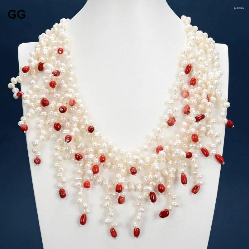 Цепочки Guaiguai Jewelry 19 "4 Strands Natural Белый рисовый жемчуг красный коралл. Свобода ожерелье для женщин