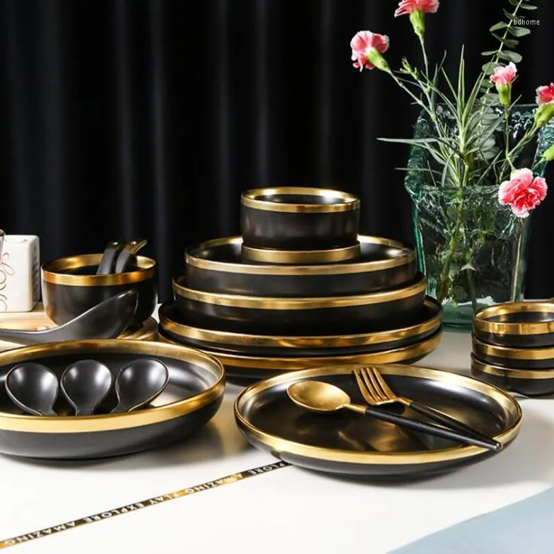 Plates Gilt Rim Black Porcelain Dinner Plate Set Kitchen Ceramic Tableware Dishes Rice Salad Noodles Bowl Cutlery