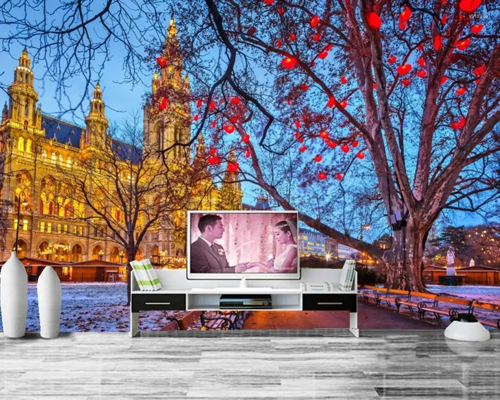 Wallpapers Huizen Evening Kerstbomen Takken Toren City KTV Bar Woonkamer TV Sofa Wall Slaapkamer 3D PO