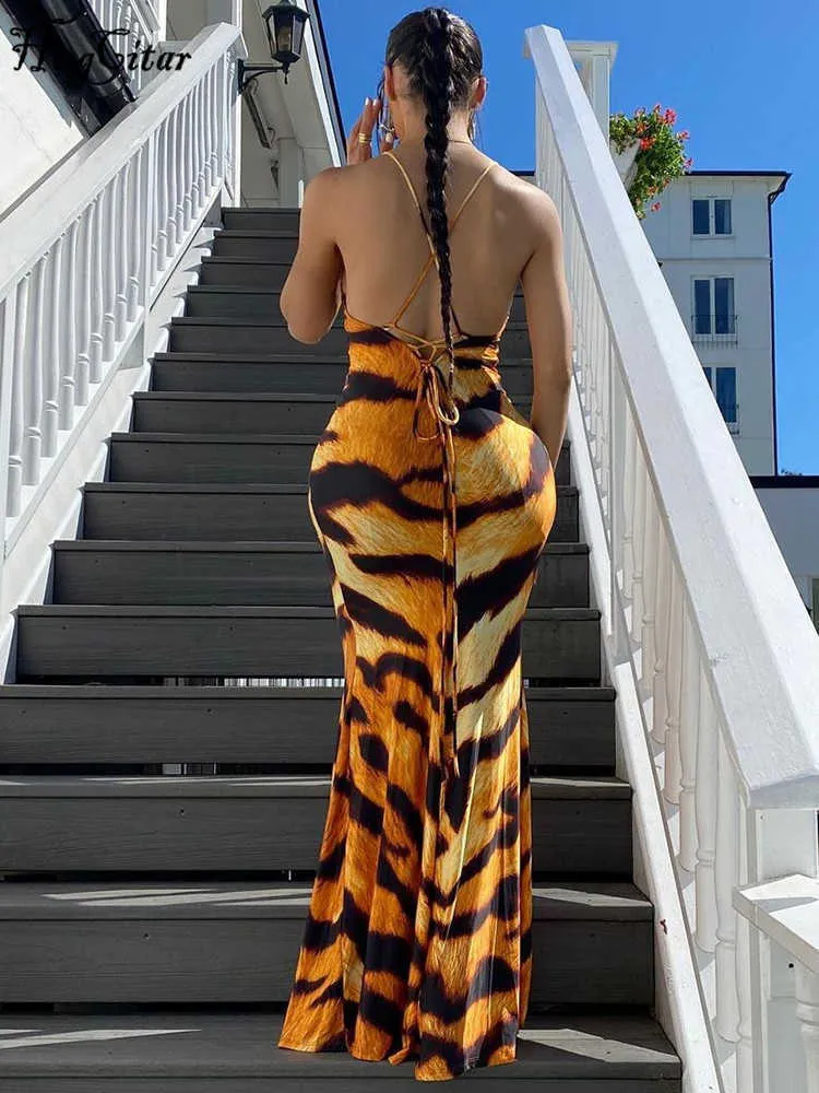 Платья для вечеринок Hugcitar Tiger Print без рукавов Backless Bangage Slips Maxi платье сексуальное кузовное летняя одежда для одежды для уличной одежды Оптовая вечеринка T230210