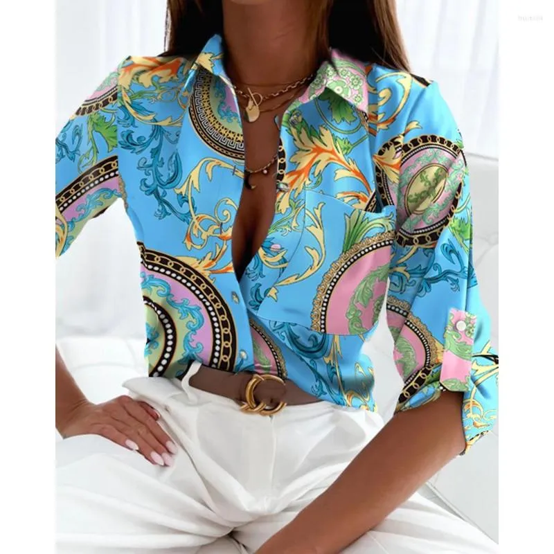 Women's Blouses 2023 Autumn Women Baroque Print Roll Tab Sleeve Button Down Shirt Fashion Elegant Lady Long Blouse Workwear Clothing