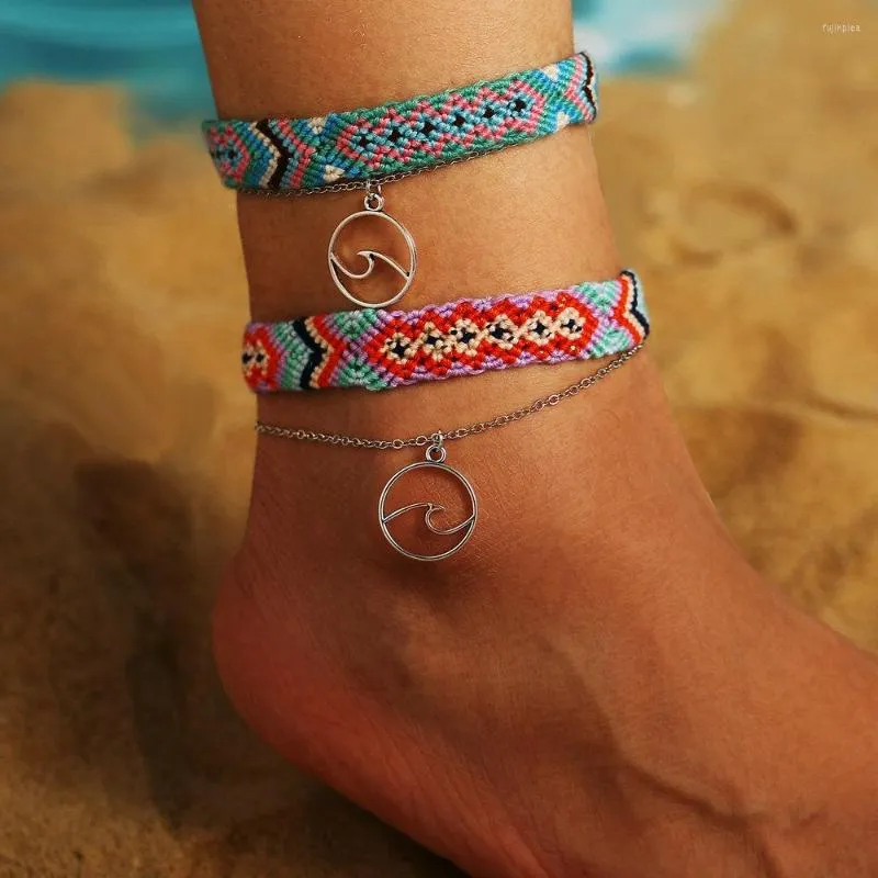 Ankjes etnische Boheemse Boho Wave handgemaakt voor vrouwen vintage katoenen touw been enkelschakel charmes armband zomer strand sieraden