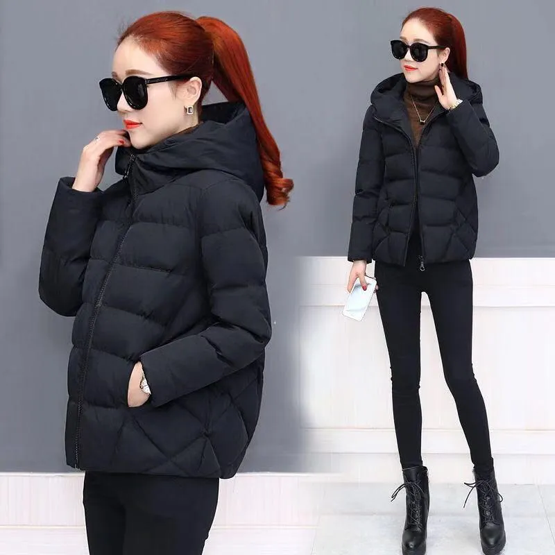 Kvinnor Down Parkas Big Size Söt Loose Thin Cap Solid Color Cotton Coat Short Suit Girl Jacket Woman Hoodedwomen's