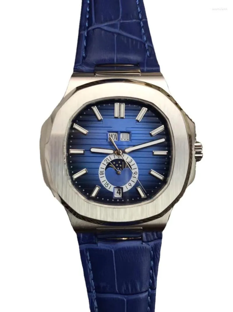 Relojes de pulsera Reloj mecánico para hombre Automático Hora dual Fase lunar Negro Azul Beather