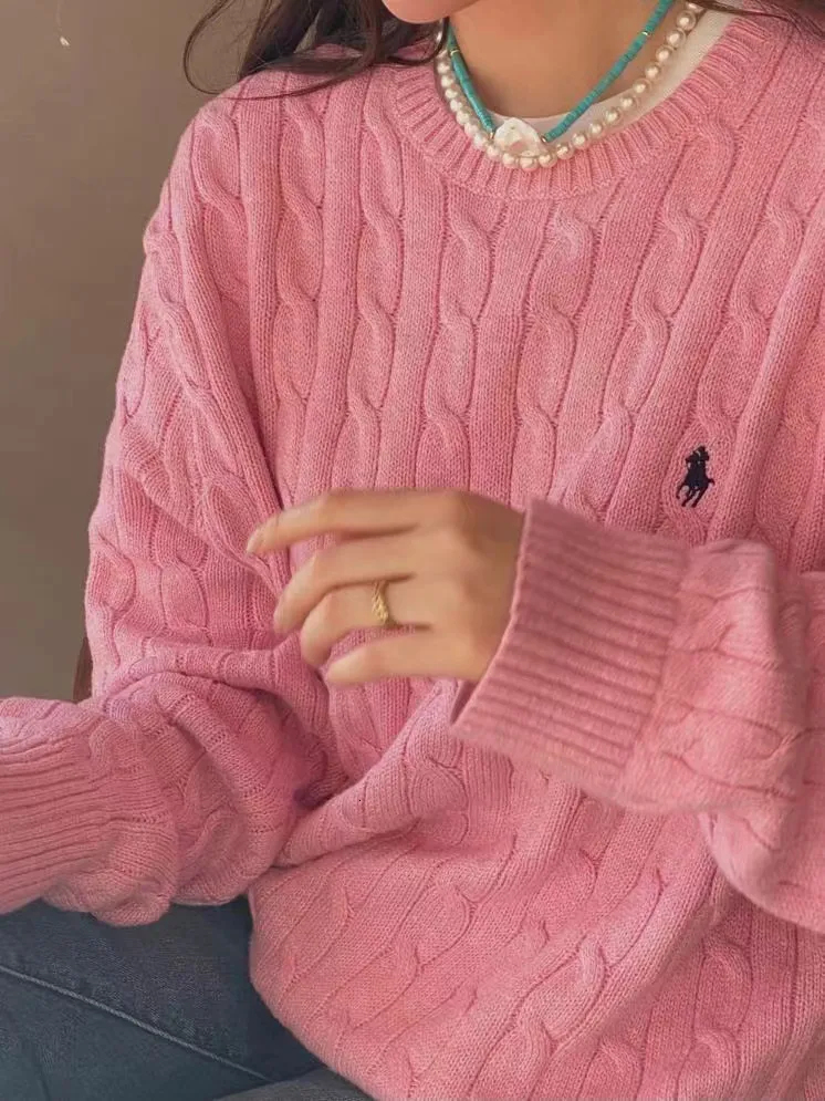 Kvinnors tröjor Kvinnor S stickat tröja broderi långärmad stickkläder pullover kvinnliga kläder solida rosa toppar