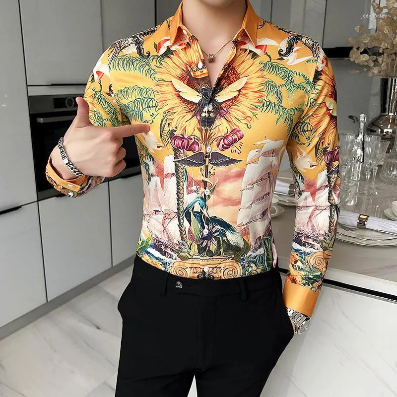 Camisas de vestir para hombre Estampado de abeja dorada Camisa barroca de manga larga para hombre Esmoquin de fiesta social para hombre Oficina de