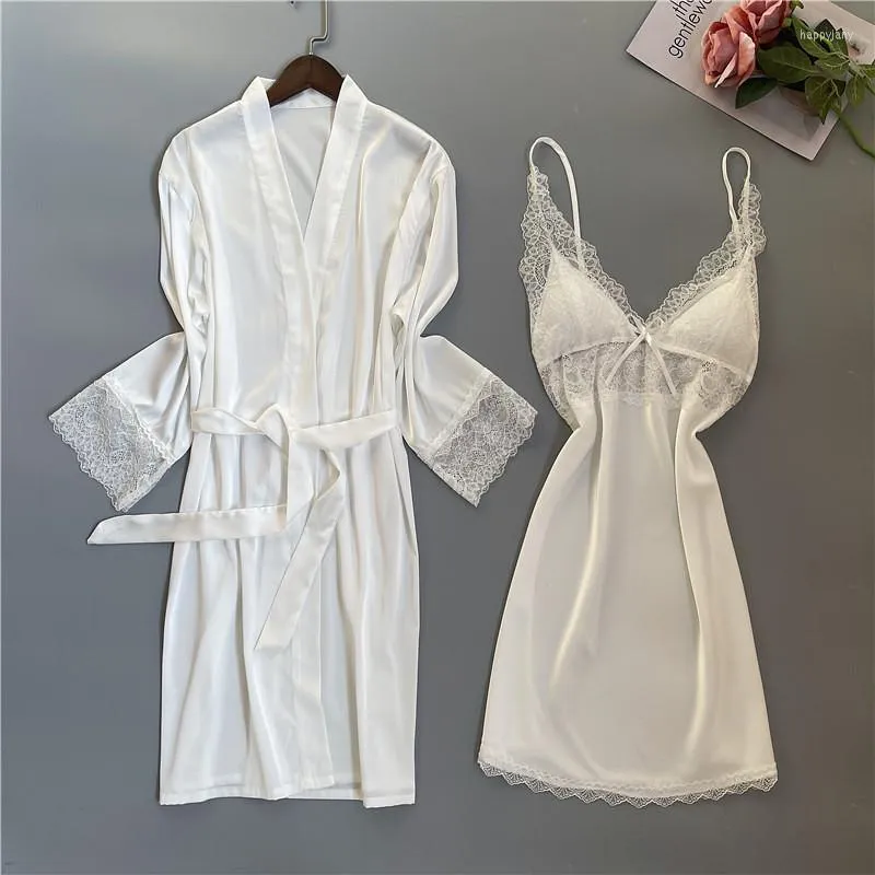 Damen-Nachtwäsche, weiße Spitze, Braut, Brautjungfer, Robe-Set, Damen-Satin-Kimono-Kleid, Sommer, 2 Stück, sexy V-Ausschnitt, Nachthemd, Heimkleidung