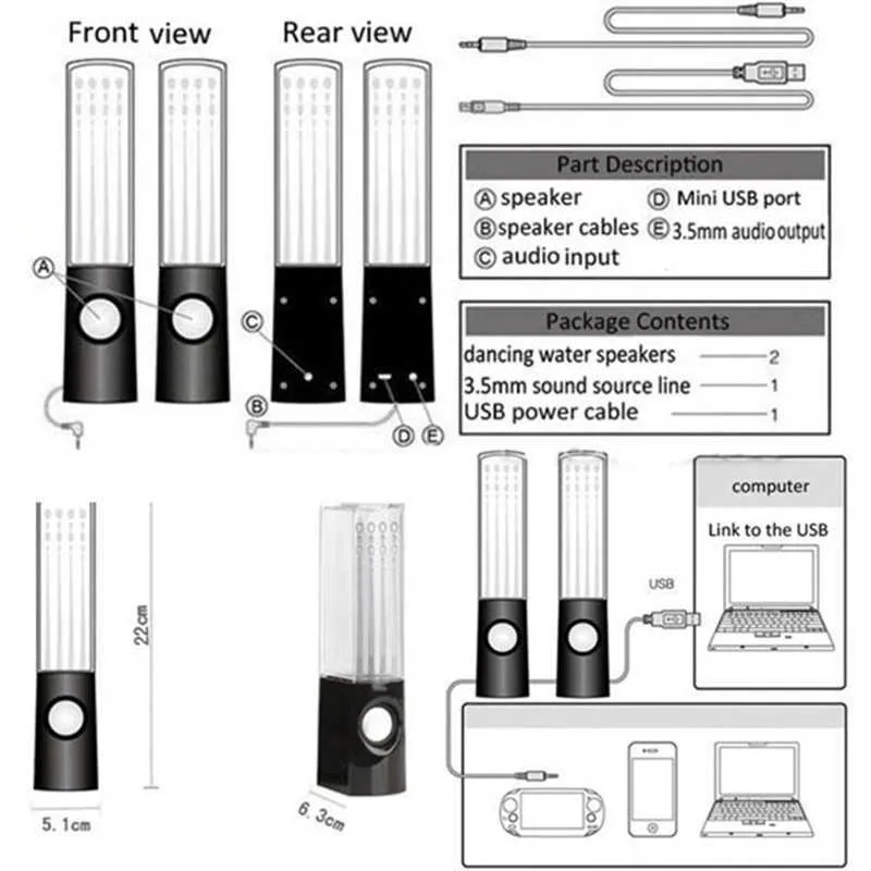 Haut-parleurs portables 2 pièces lumière LED danse eau musique fontaine pour PC ordinateur portable pour téléphone bureau haut-parleur stéréo