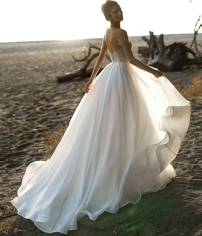 Custom-made Beach Wedding bohemian Wedding dress with Crystal Beading and Illusion Neckline