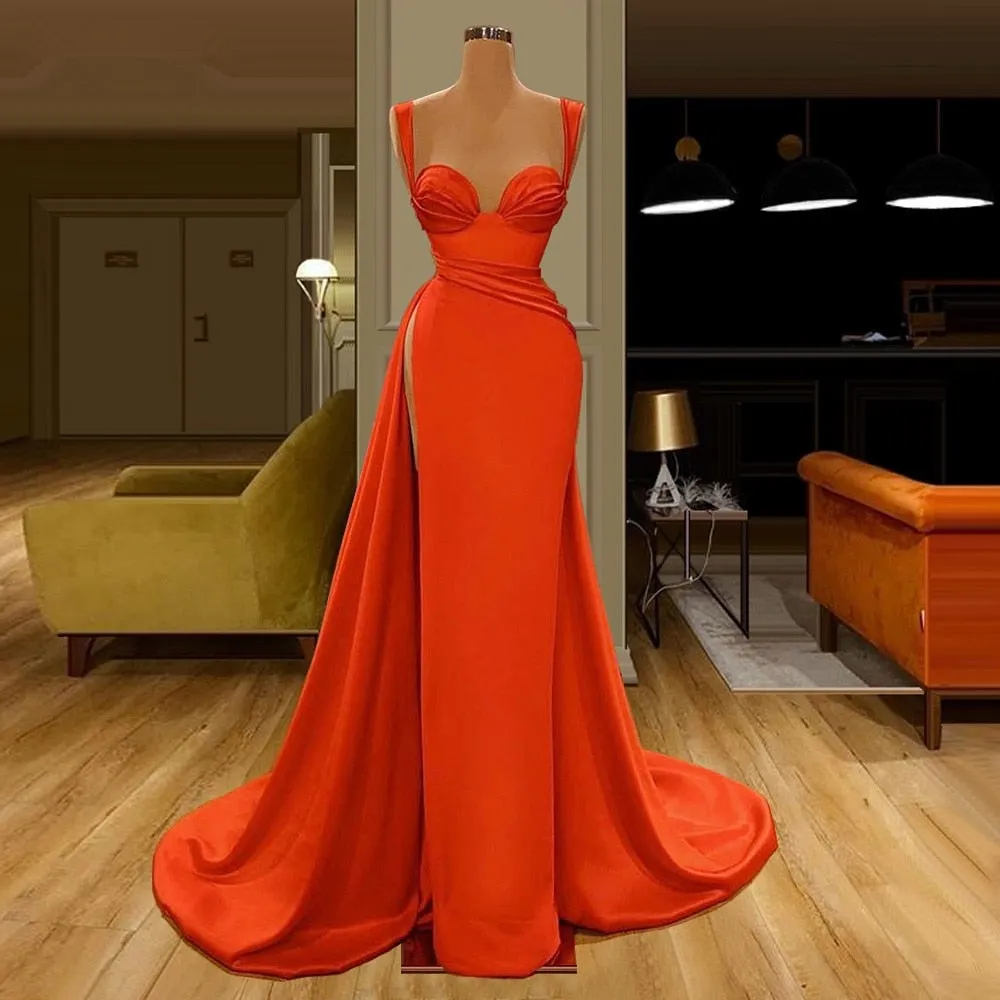 Vestidos de baile de sereia laranja 2023 tiras de espaguete sexy lateral lateral lateral acetin cetim mangas longas vestidos de noite vestidos de gala