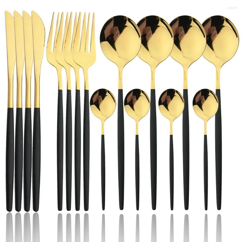 Flatvaruuppsättningar 16/32 st Cotestar Set Rostfritt stål Middagskniv Kniv Fork Sked Tabelleris Kök Silvervaror Black Gold Bright Light