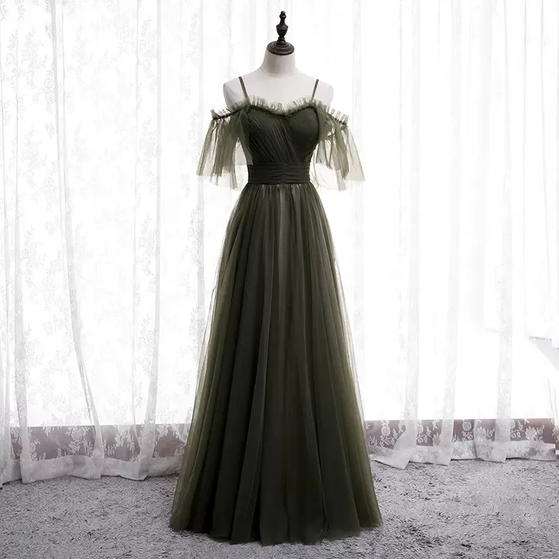 Robe de soirée bretelles spaghetti olive tulle manches courtes longueur de plancher personnalisé à la main demoiselle d'honneur formelle robe de soirée femmes robes de soirée de bal