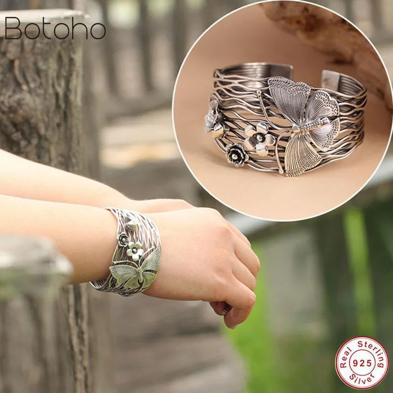 Bracciale rigido in puro argento sterling 925 da donna largo 40 mm Thailandia fiori di farfalla fatti a mano che aprono gioielli cavi