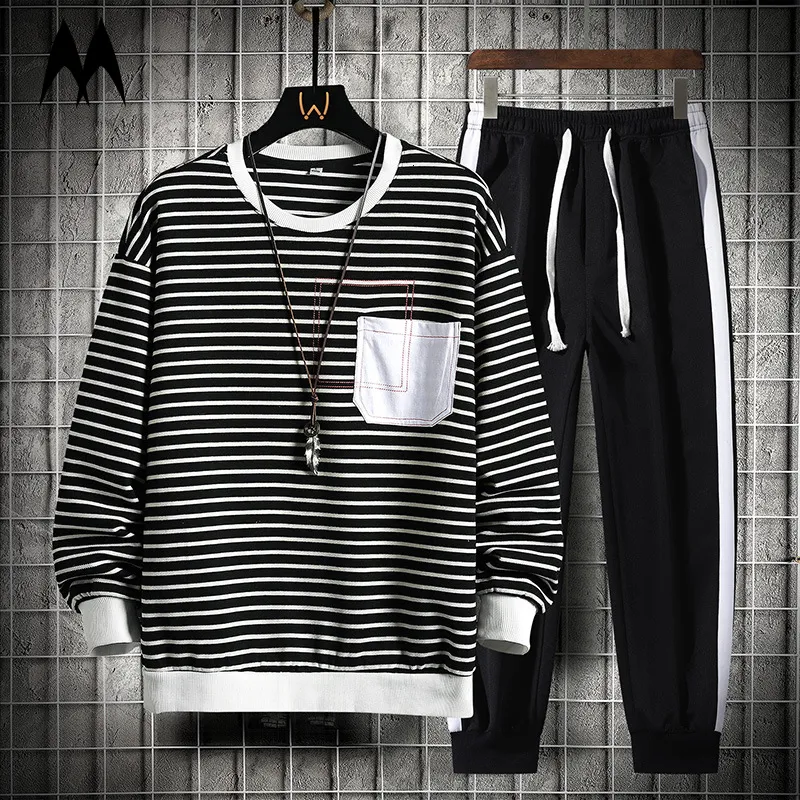 Mens Tracksuits Autumn Tracksuit Men Casual Harajuku Stripe Two Piece Set Fashion Sweatshirtpants Hip Hop Sportswear Set Streetwear 230213