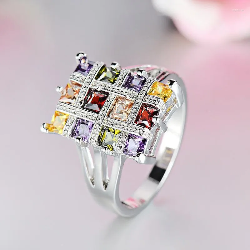 Anillos de boda de lujo de moda Multicolor cristal circón para mujer joyería compromiso declaración anillo tamaño #6-#10