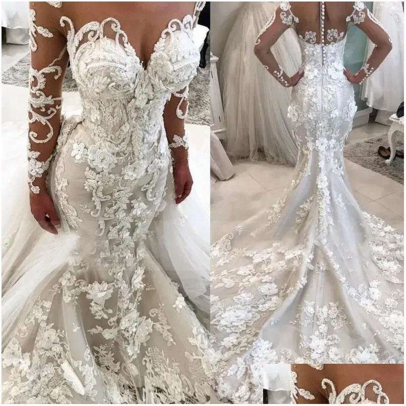 2023 vestidos de noiva de sereia vestido de noiva 3d apliques de renda floral de p￳ de mangas compridas