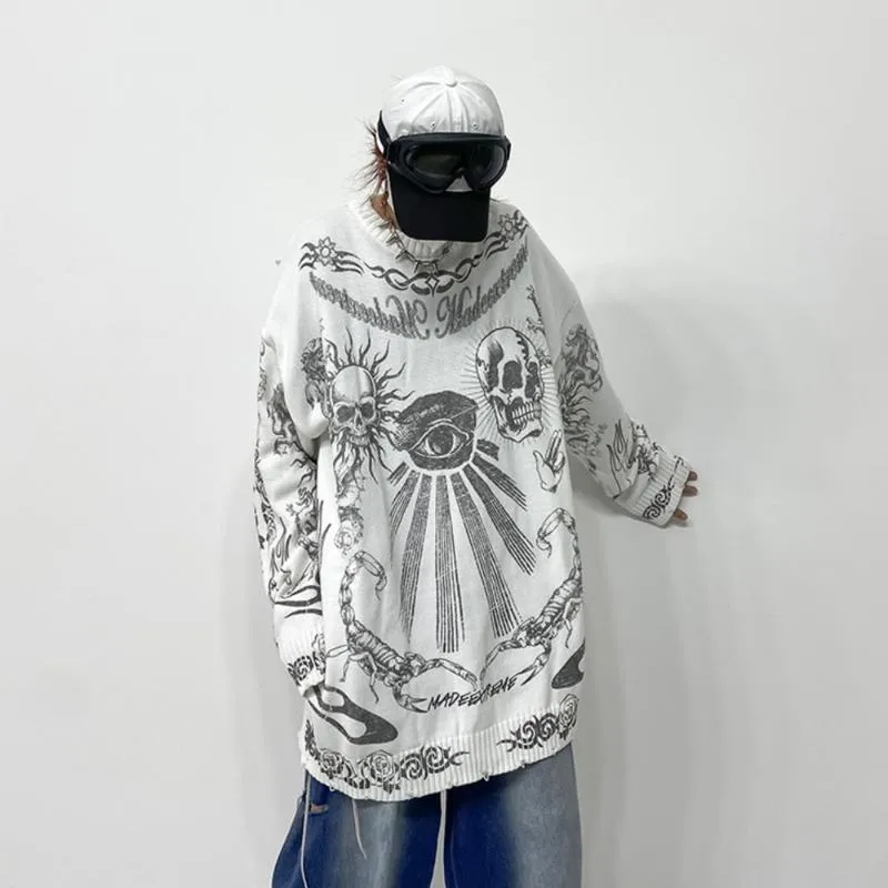 Herrtröjor hiphop mörk street kultur skalle tryck mens stickad tröja vinter överdimensionerad pullover harajuku gotisk lös stickkläder topp