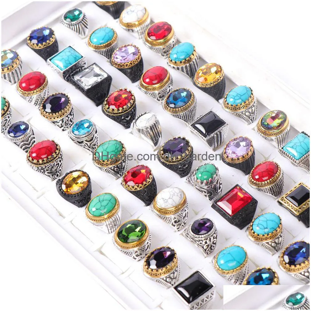 Cluster Ringe Vintage Männer Mticolor Imitation Edelstein Glas Metall Für Frauen Mix Glod Sie Schwarze Farben Modeschmuck Drop Dhrem