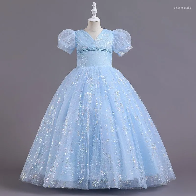 Robes de fille princesse col en V manches courtes bleu ciel filles robe pour mariage fête d'anniversaire taille 6-17 ans robe de bal robes de première communion