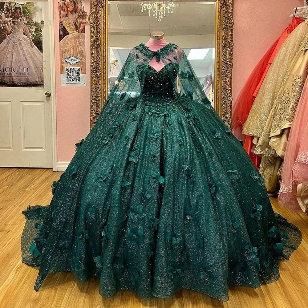 hunter Green Beading Crystal Quinceanera Dress With Cape princess butterfly 3D Flowers lace-up Corset Vestido De 15 Anos