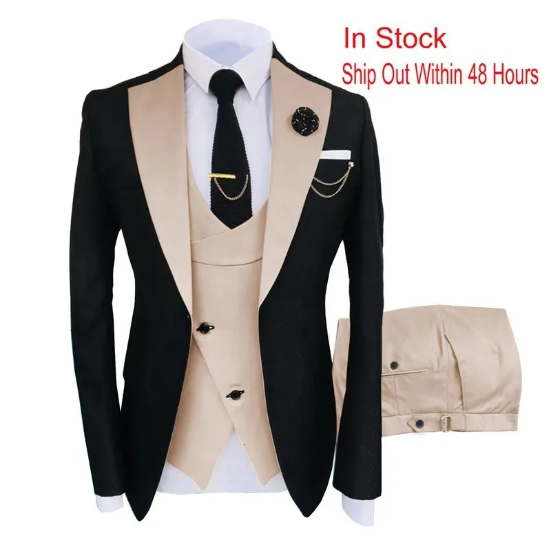 Men's Suits Blazers Slim Fit Fashion 3 Pieces Men Suit Formal Business Champagne Beige Tuxedos for Wedding Groom Rugular BlazerPantsVest 230213